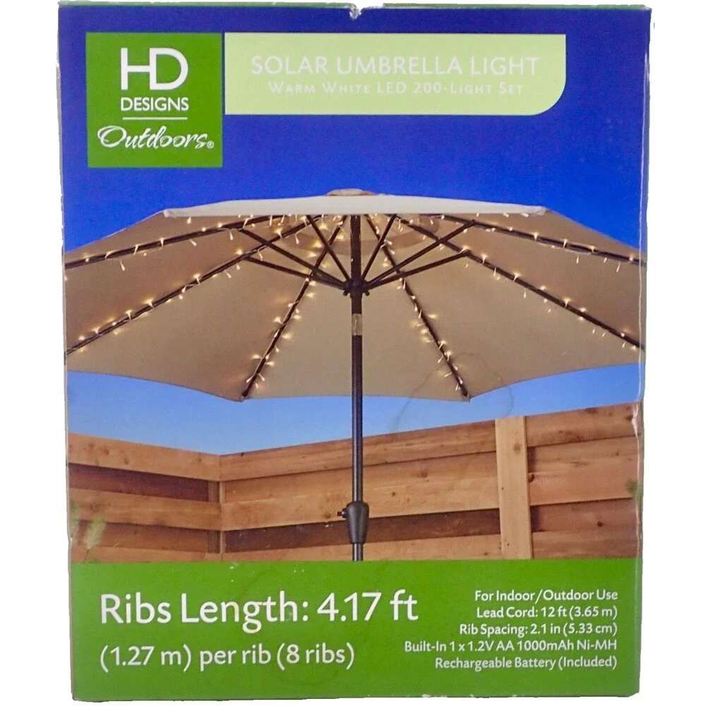 Solar Patio Umbrella String Rib Lights Garden Outdoor Length 4.17 ft Canopy New